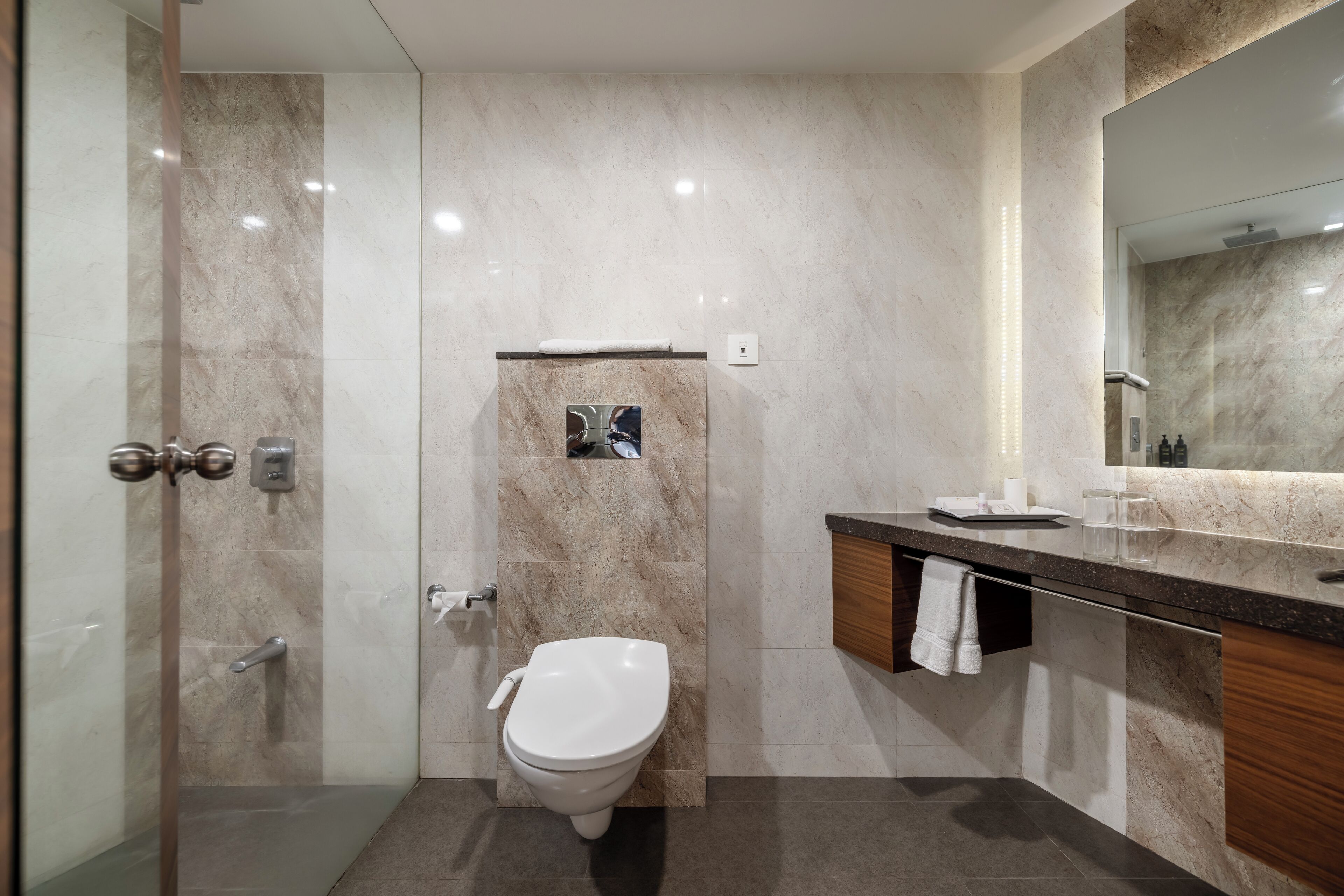 A modern bathroom with a glass-enclosed shower, a white toilet, and a vanity with a mirror.