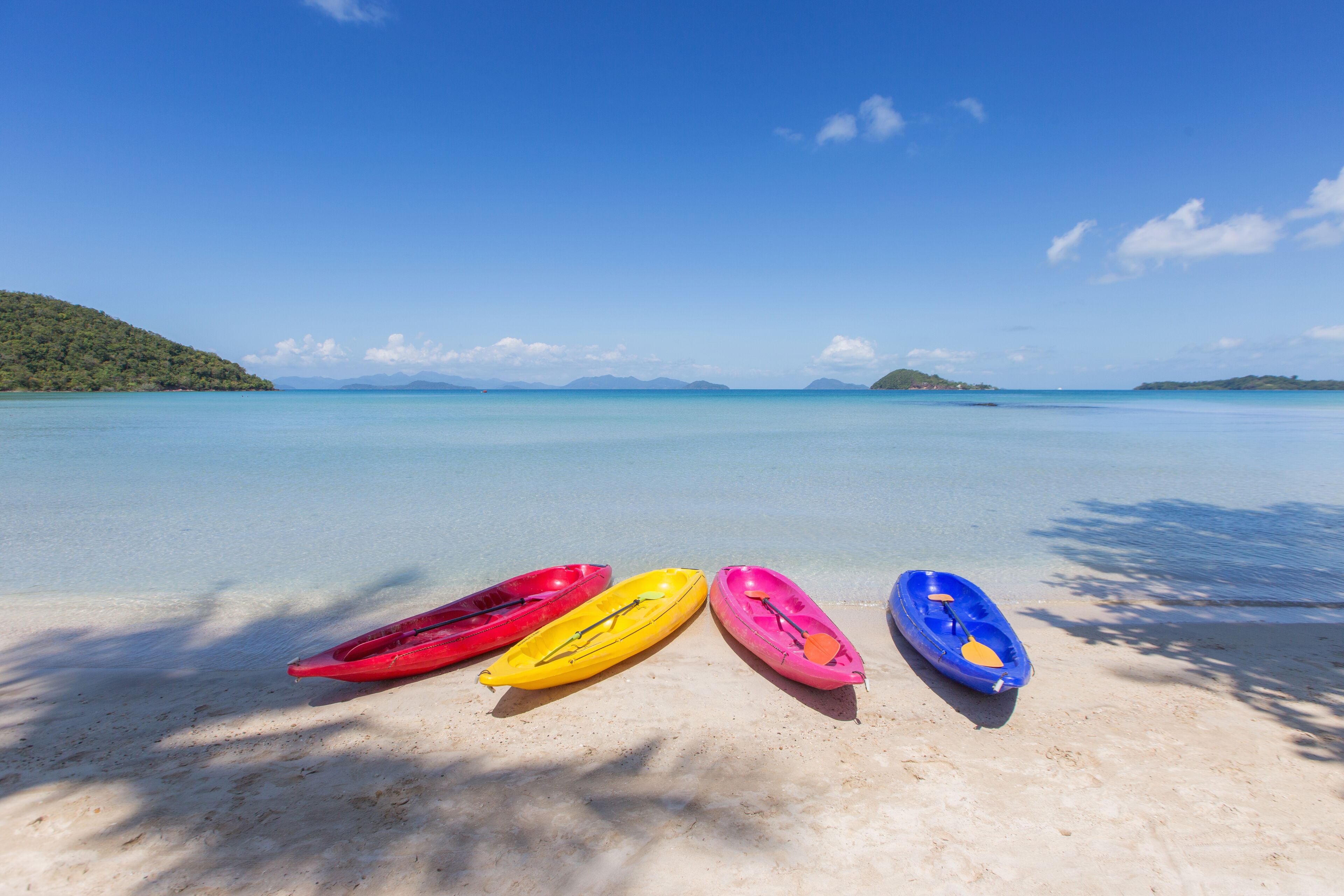 Una playa con kayaks alineados en la arena.