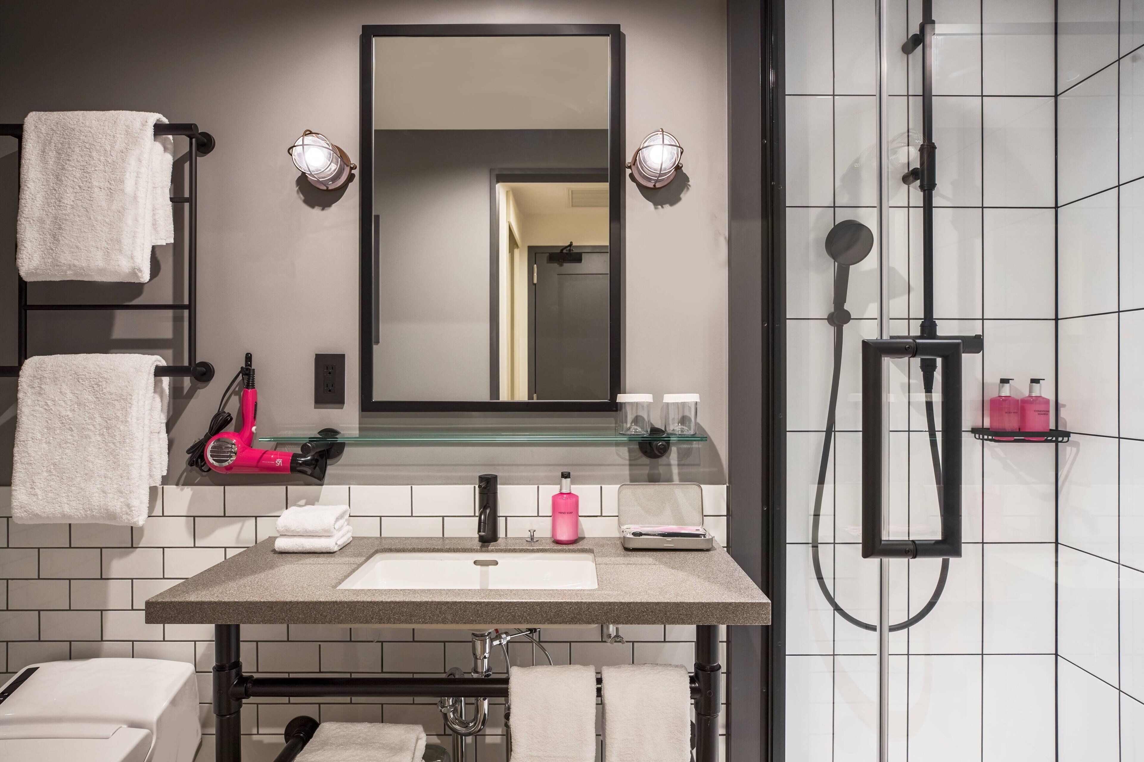 shower, rainfall showerhead, free toiletries, hair dryer