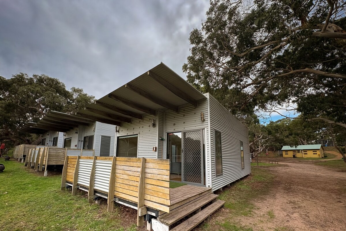 Une cabane de luxe du Bimini Park, dotée d’un aménagement à aire ouverte, d’une terrasse et d’un porche couvert.
