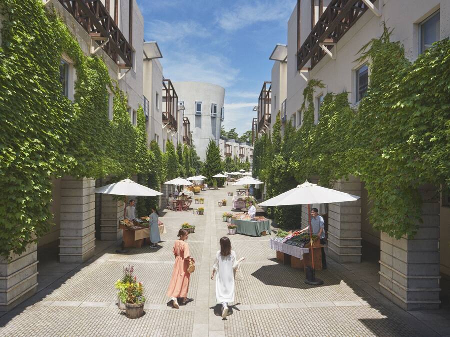 Un patio con puestos de mercado al aire libre, plantas en macetas y un edificio central con fachada redondeada.