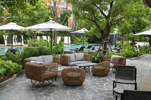 Outdoor pool, pool umbrellas, pool loungers