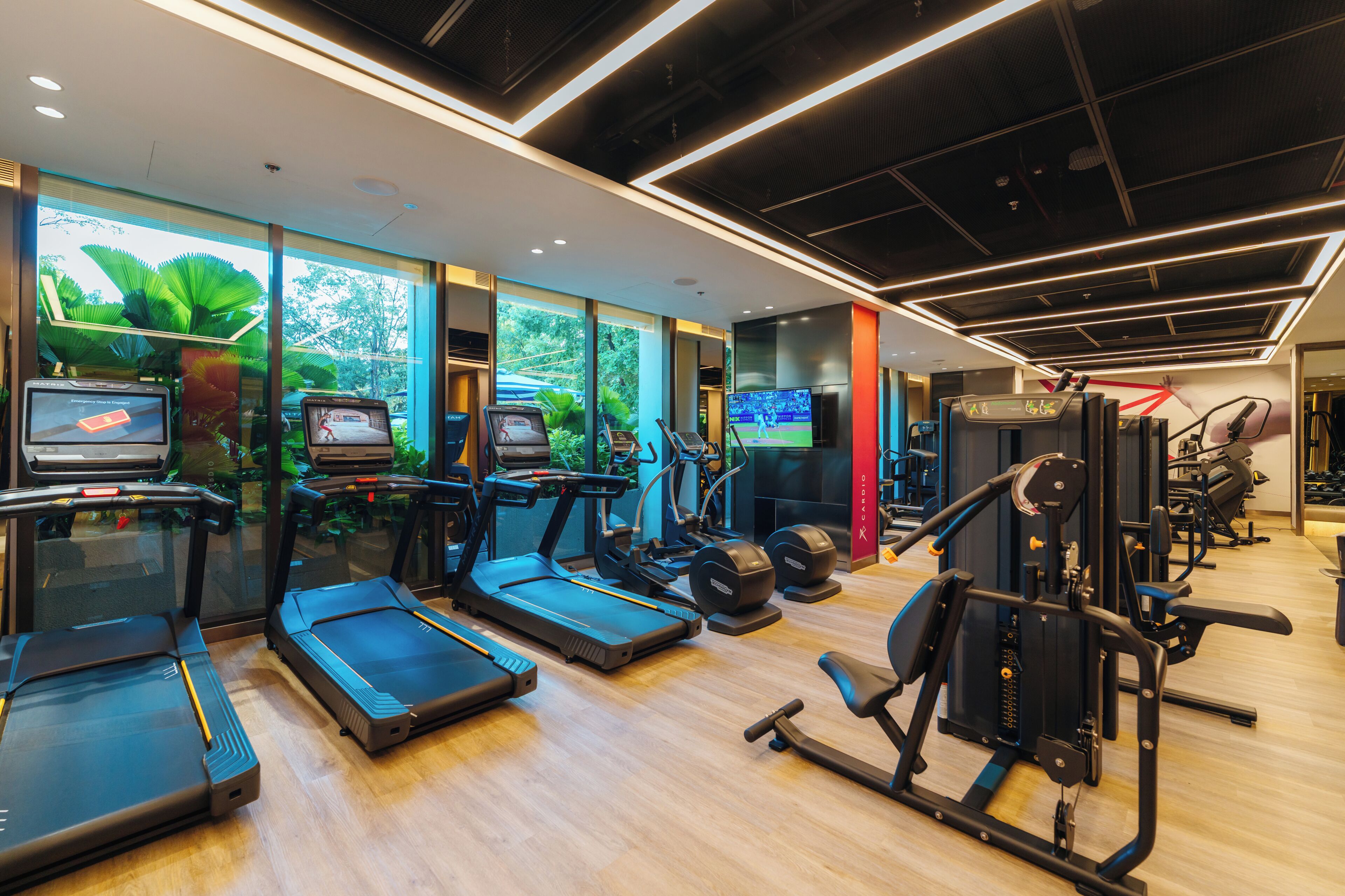 Un gimnasio con cintas de correr, elípticas y equipo de pesas.