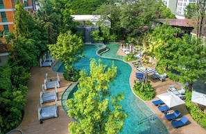 Outdoor pool, pool umbrellas, pool loungers