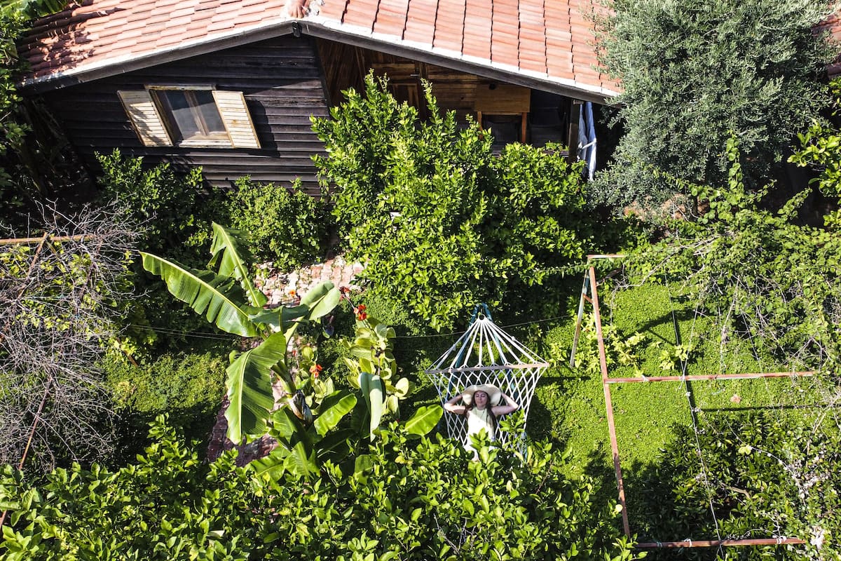 Una casa de madera con techo inclinado, rodeada de abundante vegetación y una hamaca.