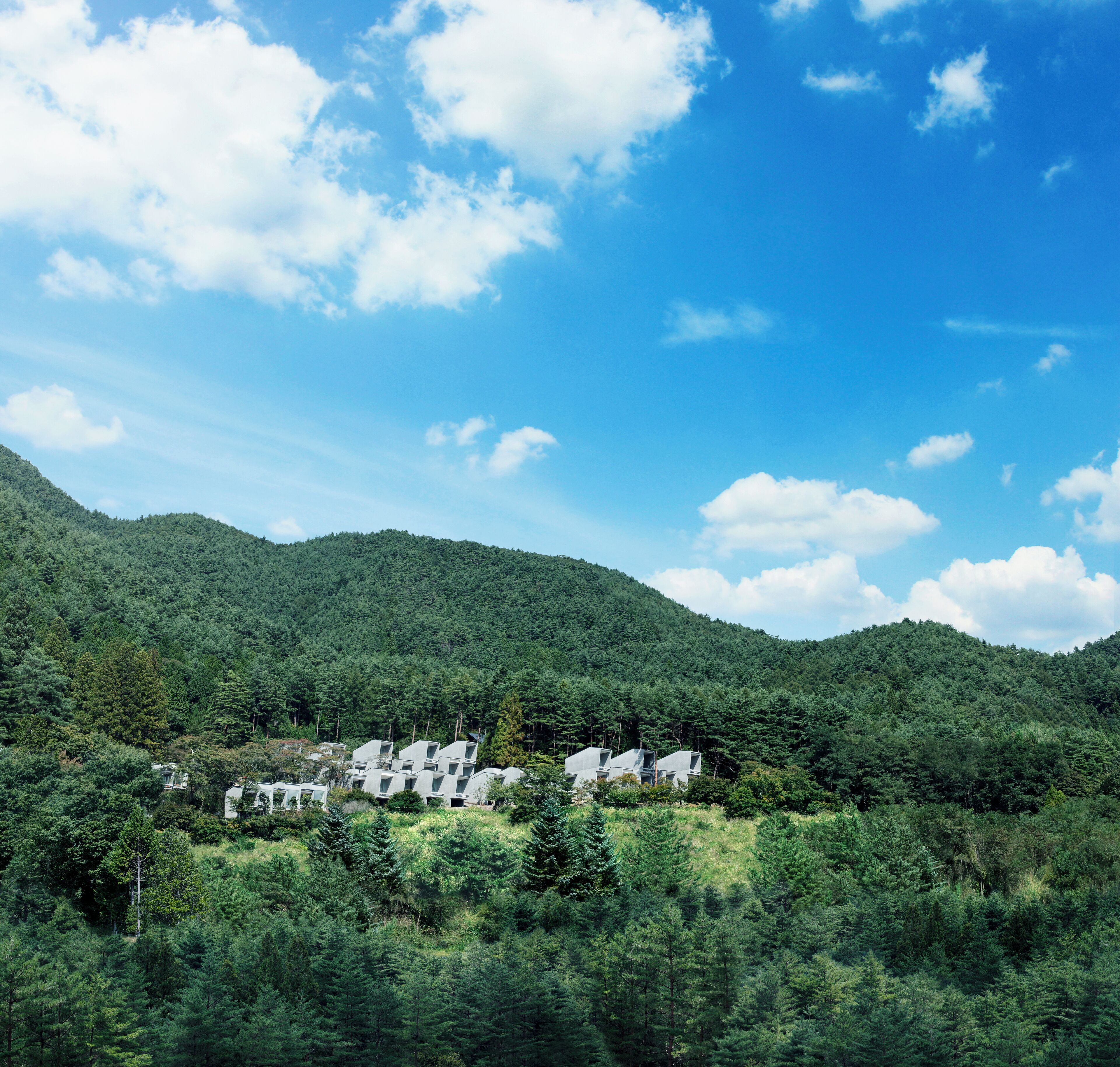 A cluster of modern, white buildings nestled in a lush, green forested valley with a clear blue sky above.