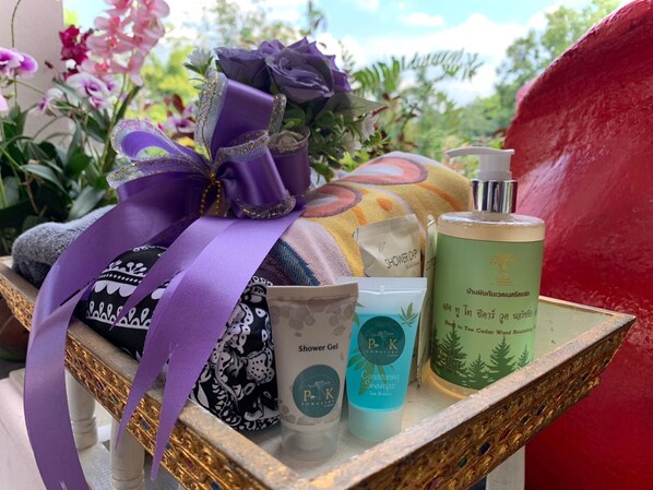 A tray with various toiletries including a shower gel, conditioner, and a bottle of lotion.