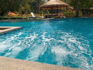 A swimming pool with a hot tub area, surrounded by lush greenery and a thatched-roof structure. - Baan Pingkan Wellness Resort (San Kamphaeng)
