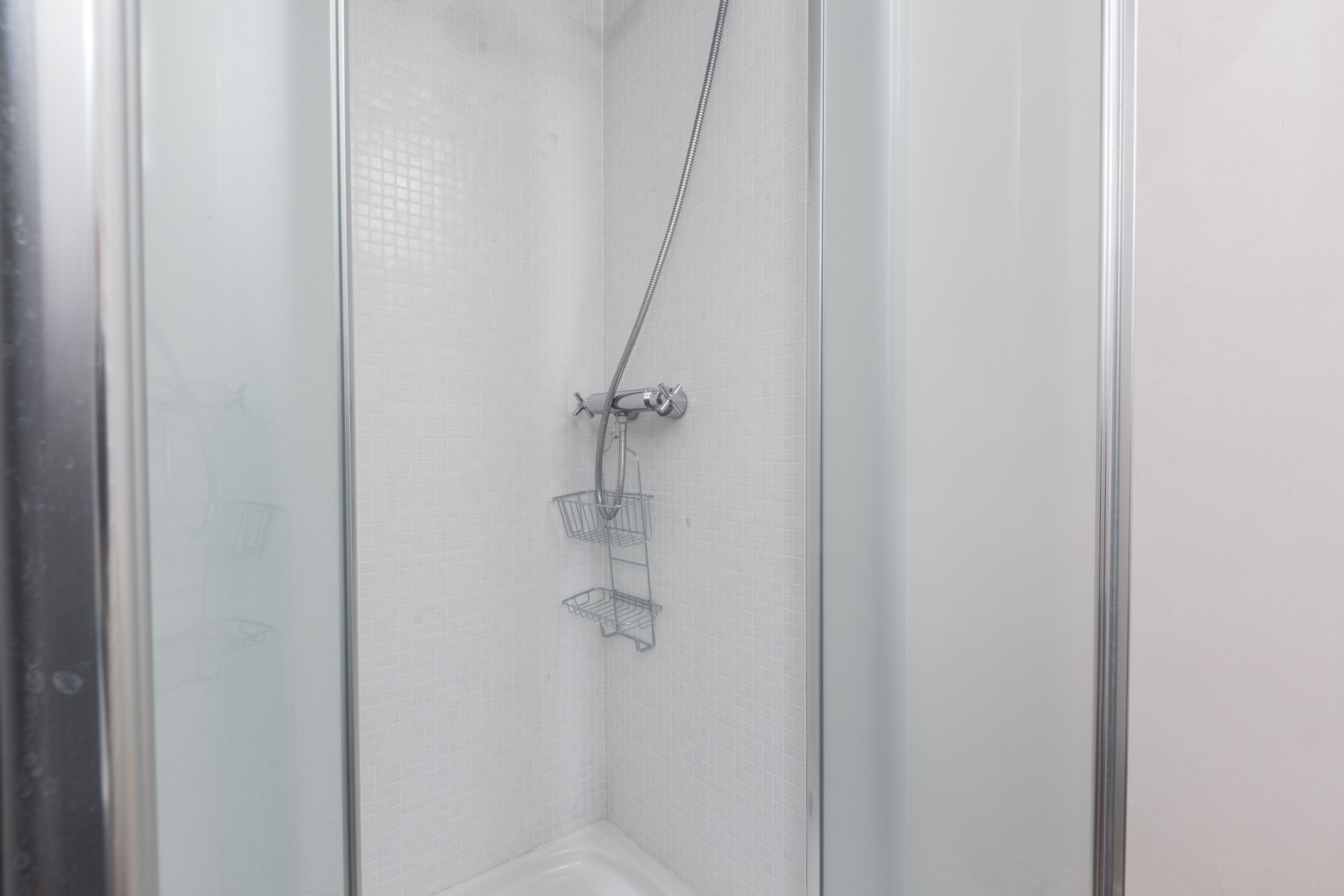 Une douche avec une porte en verre, un pommeau de douche en métal et une étagère en métal.