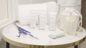 Ein Badezimmer-Waschtisch mit Toilettenartikeln, darunter Shampoo, Spülung, Duschgel und einem Packung Wattepads.