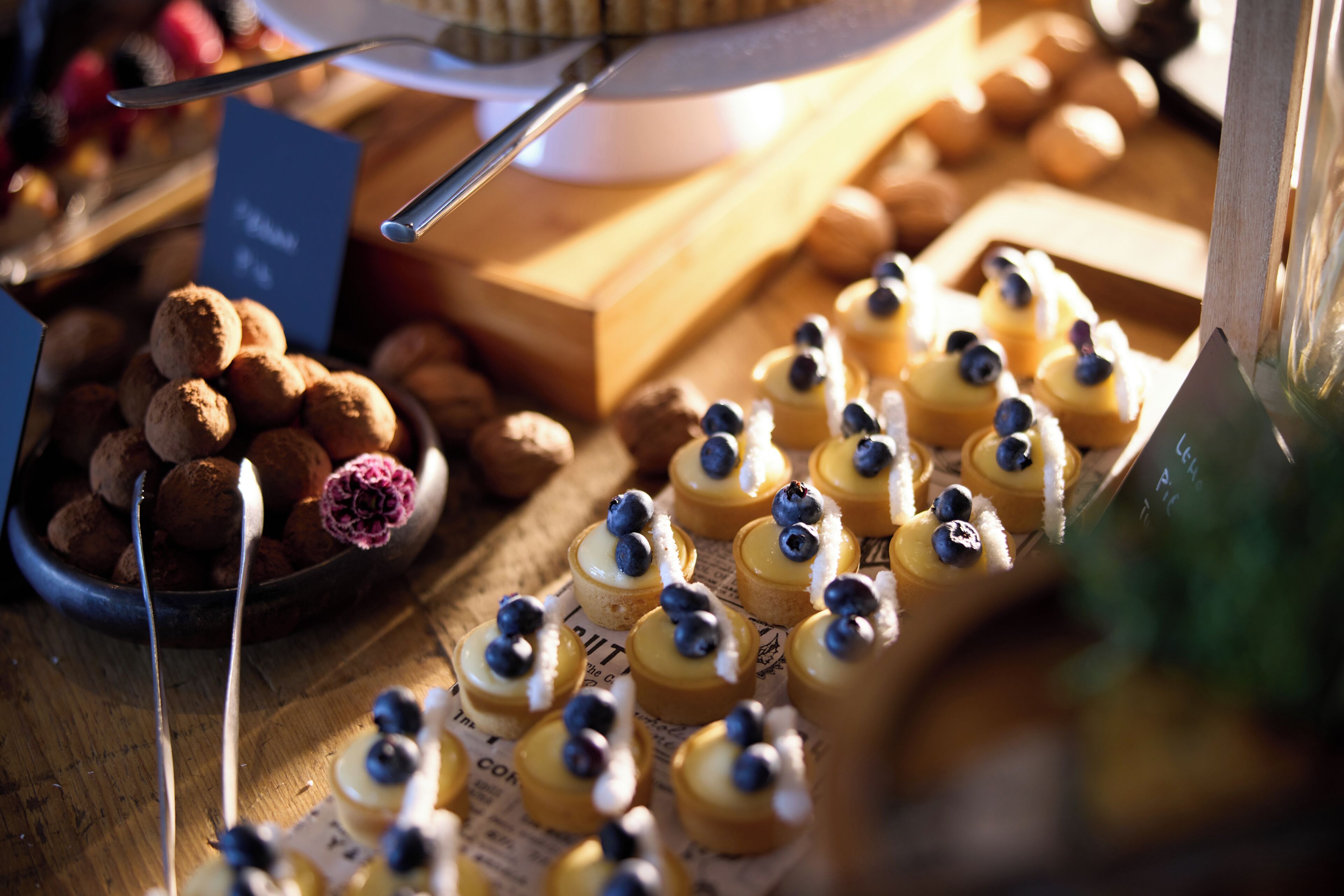 A variety of desserts on a table, including cupcakes with blueberries and a bowl of truffles.