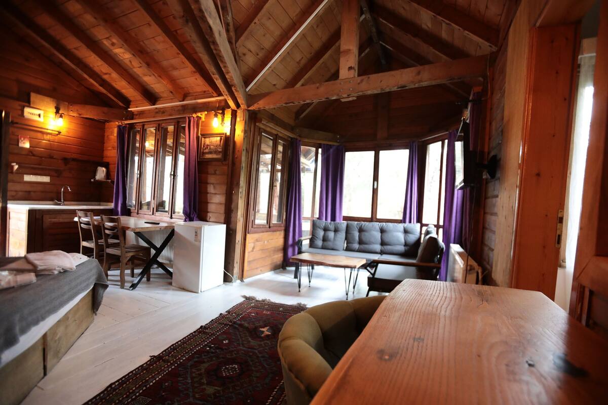 Un chalet confortable avec un intérieur en bois, un coin repas, un canapé et une grande table en bois.