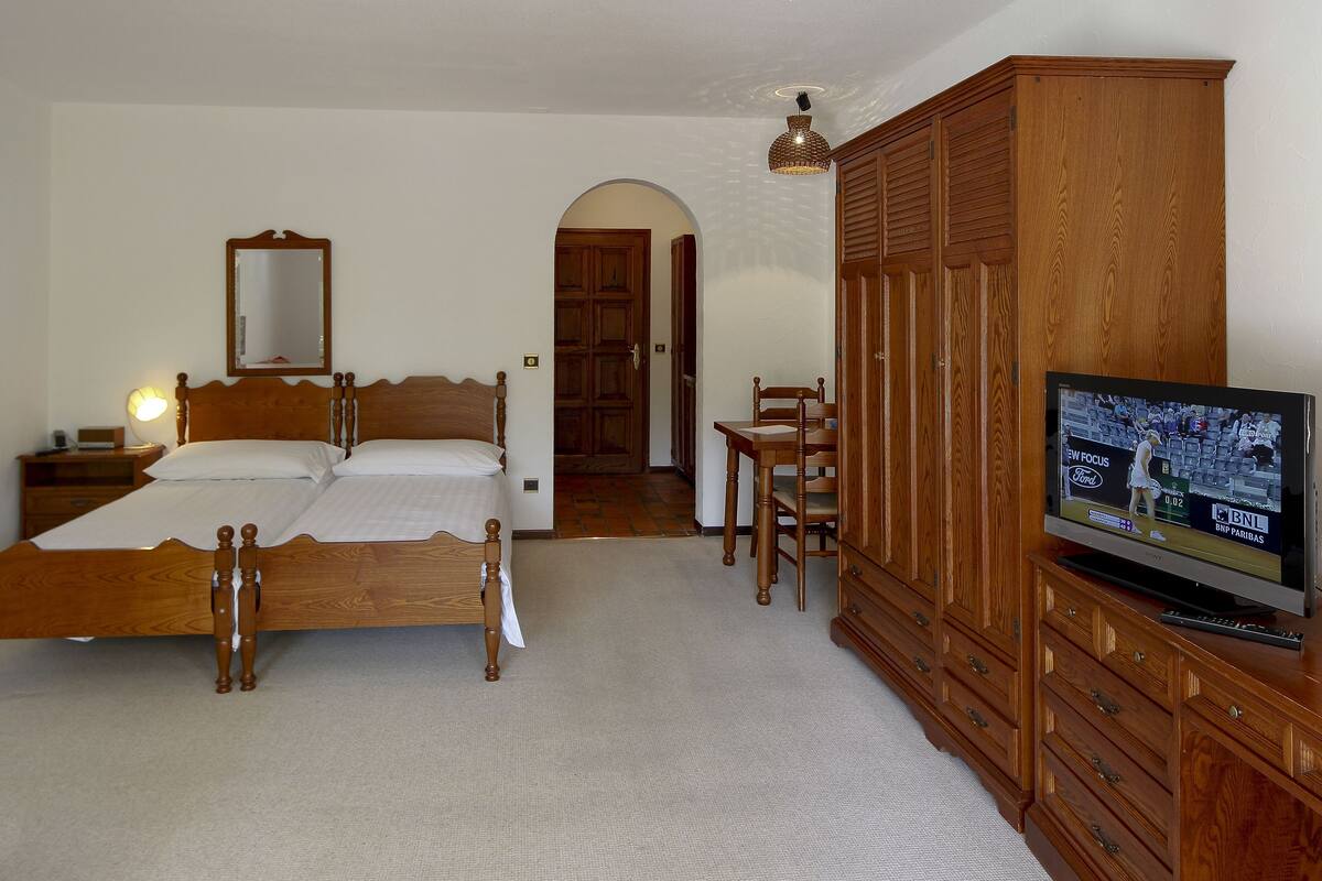 A bedroom with a wooden bed, a television, and a wooden wardrobe.