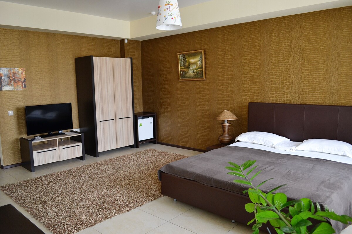 Un dormitorio con cama, televisor, armario y un cuadro en la pared.
