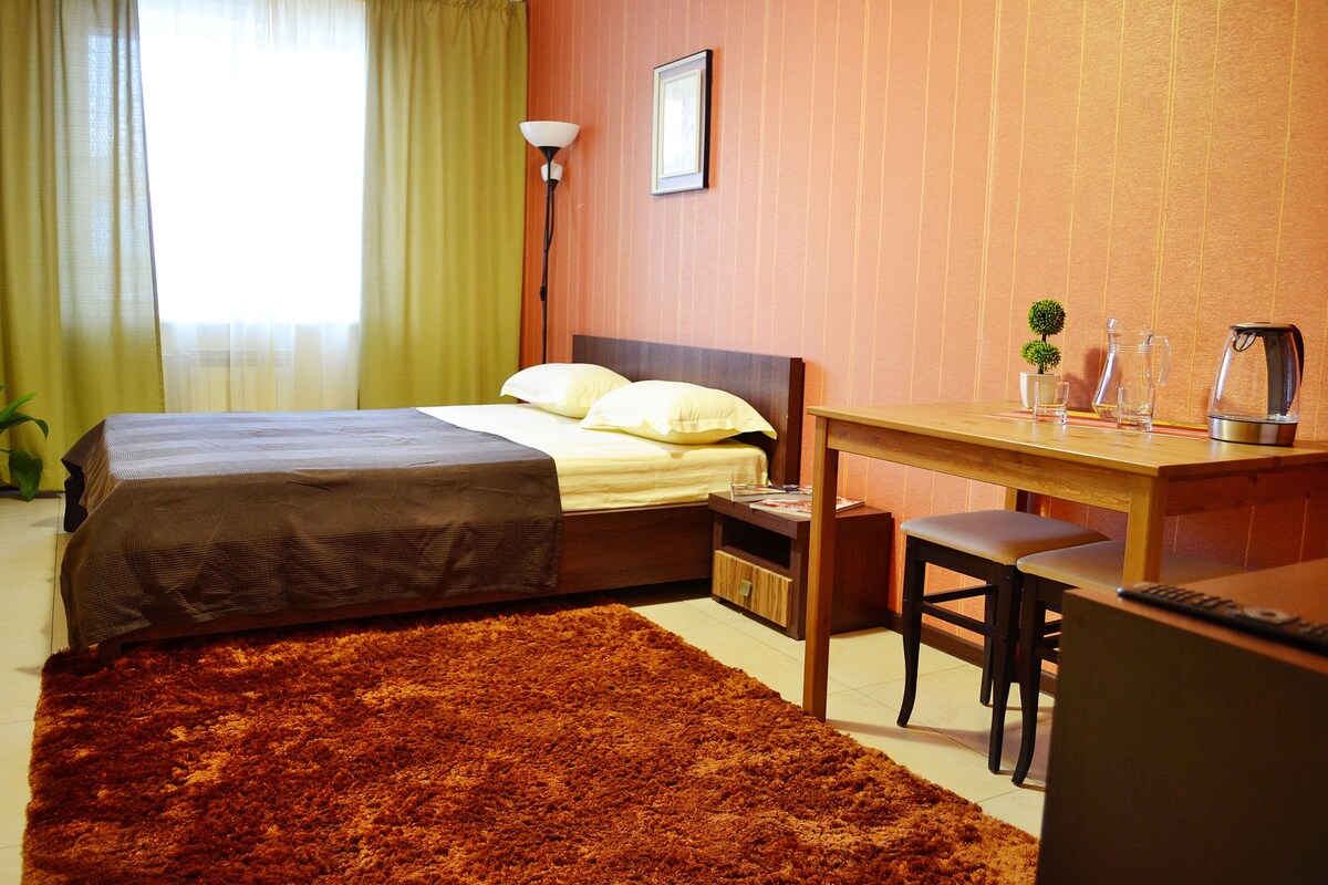 Una habitación de hotel con una cama, un escritorio, una silla, una lámpara y una planta pequeña.