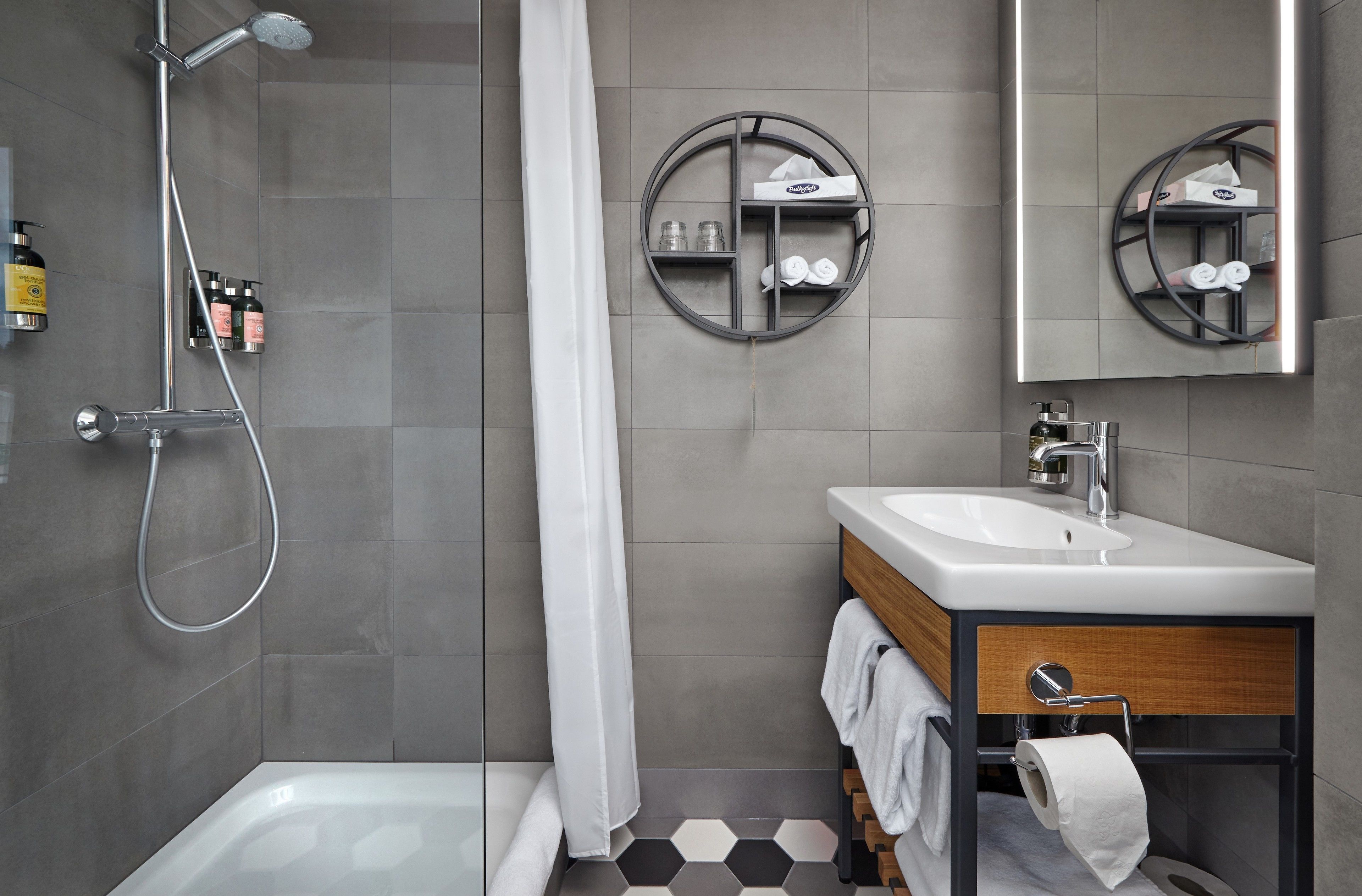 eco-friendly toiletries, hair dryer, towels