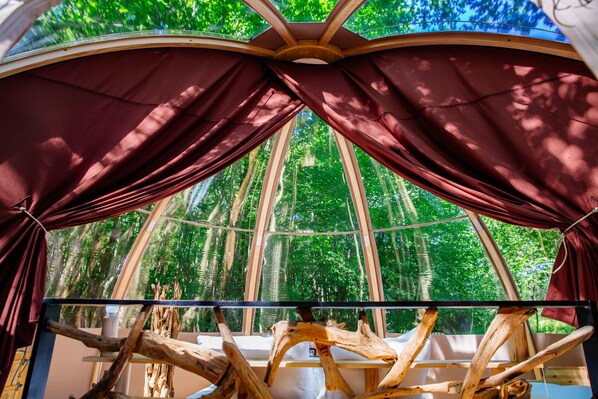 A room with a view of a forest through a large window, a wooden structure in the foreground, and a ceiling with a wooden beam design. - Domaine Ecôtelia (Le Nizan)