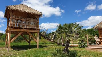 A wooden structure with a thatched roof, surrounded by lush greenery and palm trees.
