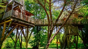 A wooden treehouse structure with multiple levels and platforms, surrounded by dense green foliage. - Domaine Ecôtelia (Le Nizan)