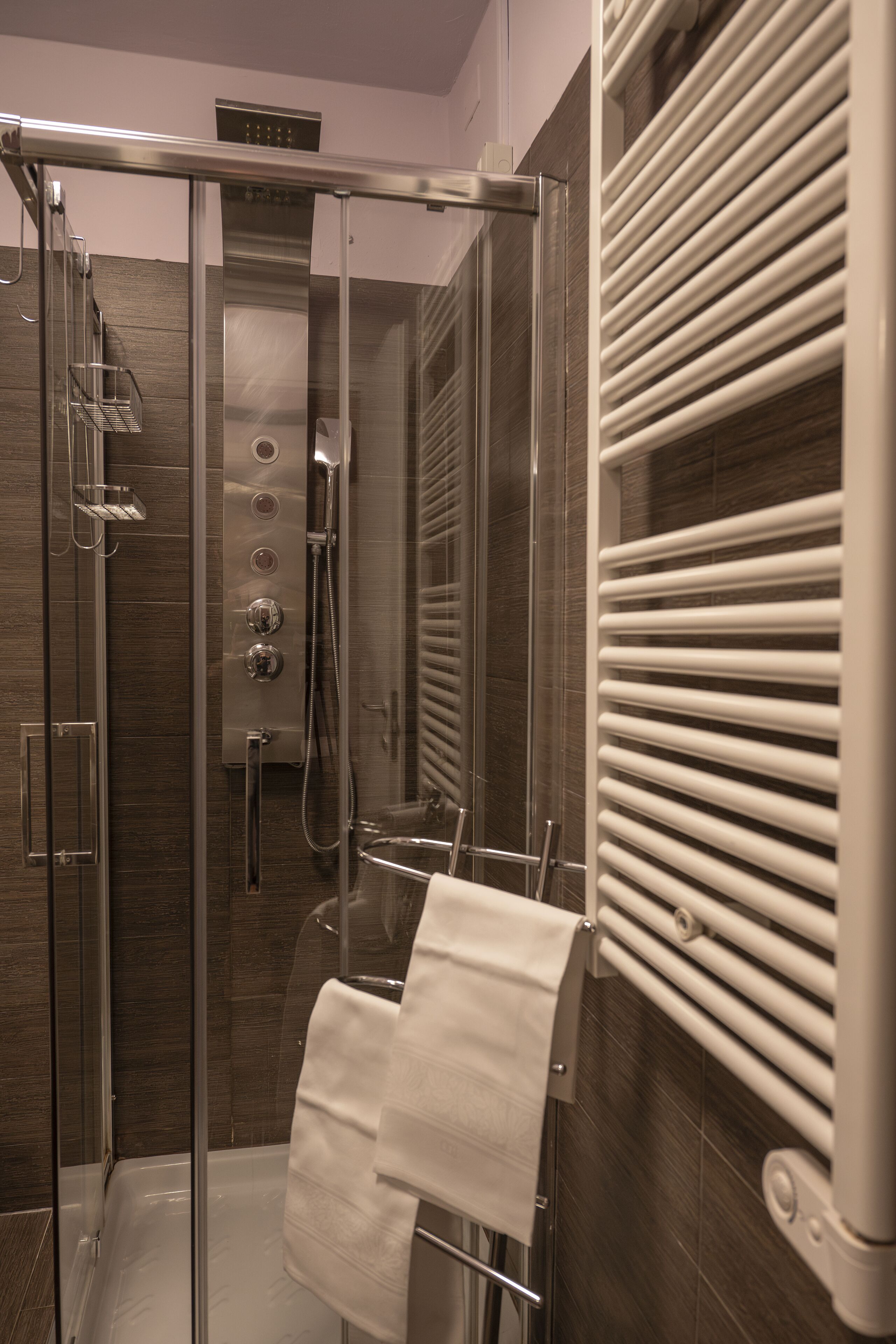 A modern shower enclosure with a glass door, a towel rack with two towels, and a built-in heater.