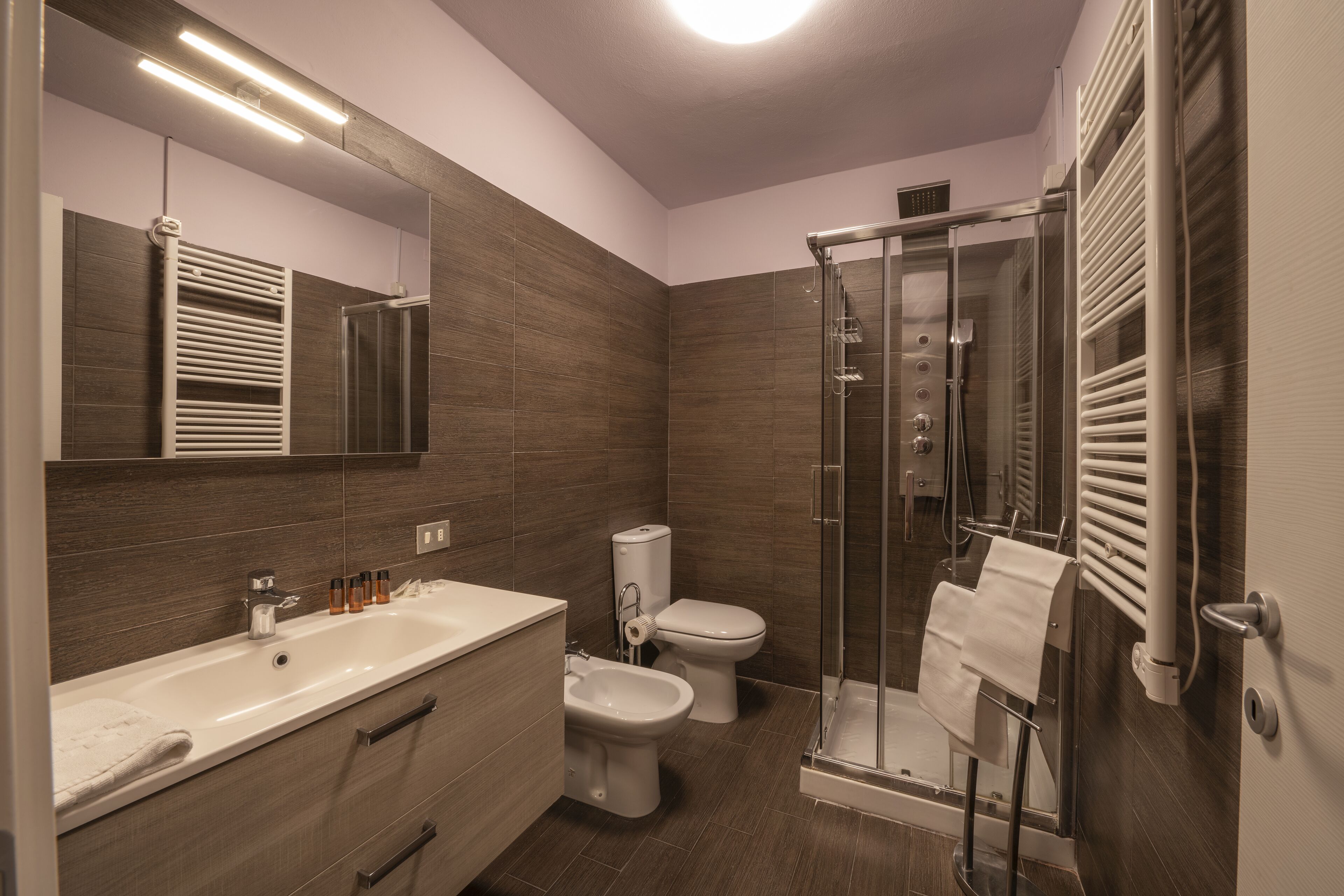 A modern bathroom with a shower, toilet, bidet, and a large mirror.