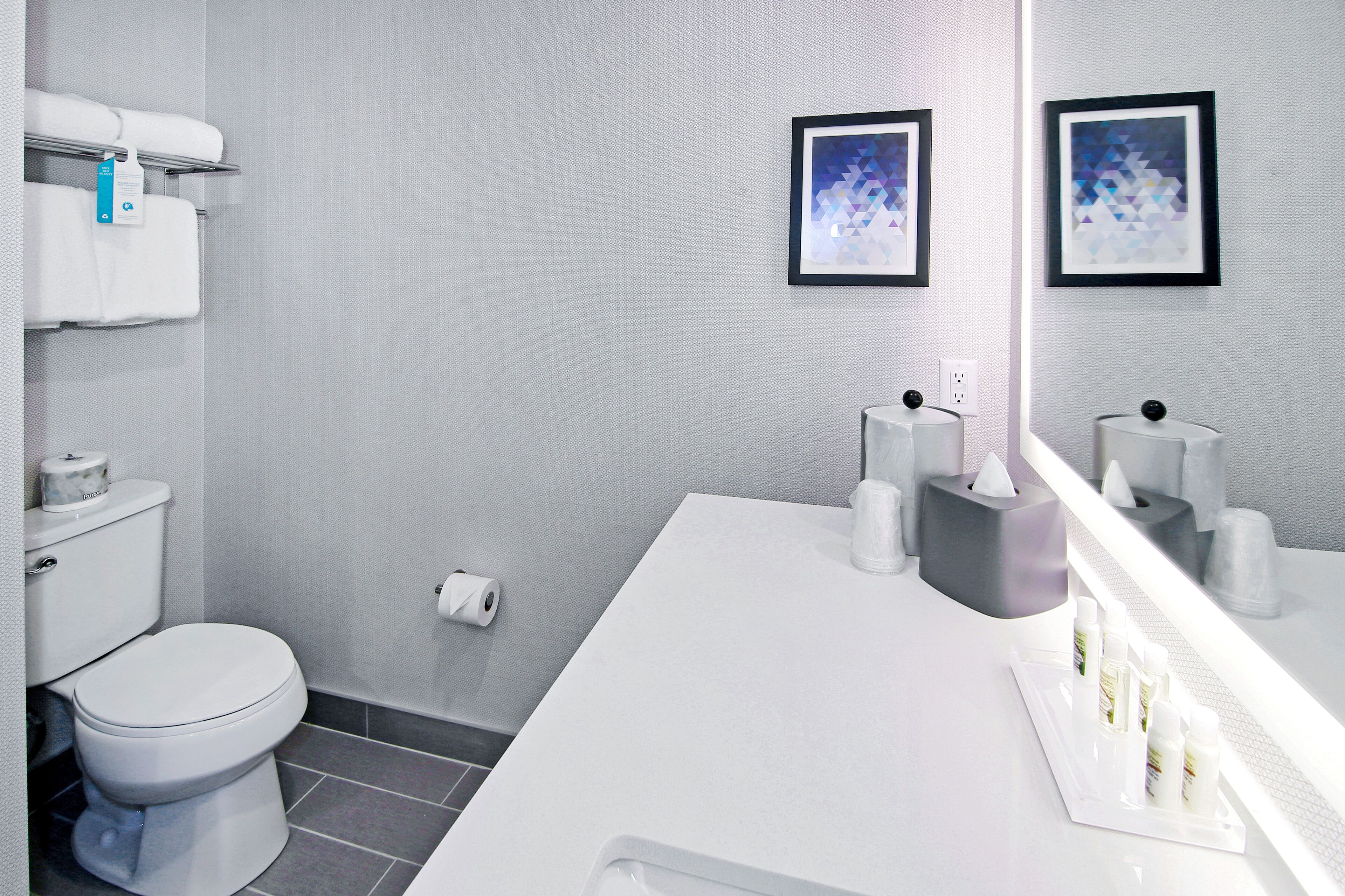 A modern bathroom with a white toilet, a sink with toiletries, and two framed abstract paintings on the wall.