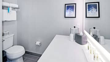 A modern bathroom with a white toilet, a sink with toiletries, and two framed abstract paintings on the wall.