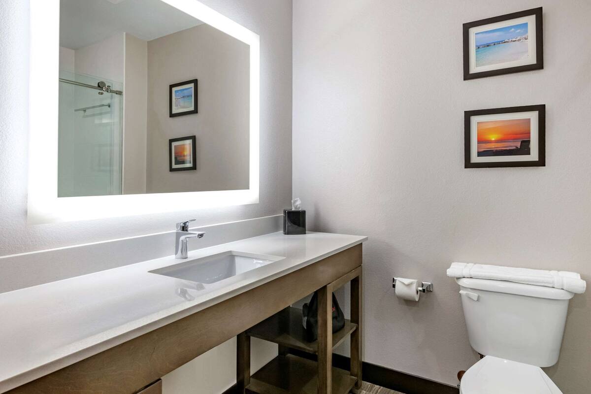 A bathroom with a large mirror, a sink, and a toilet. There are two framed pictures on the wall.