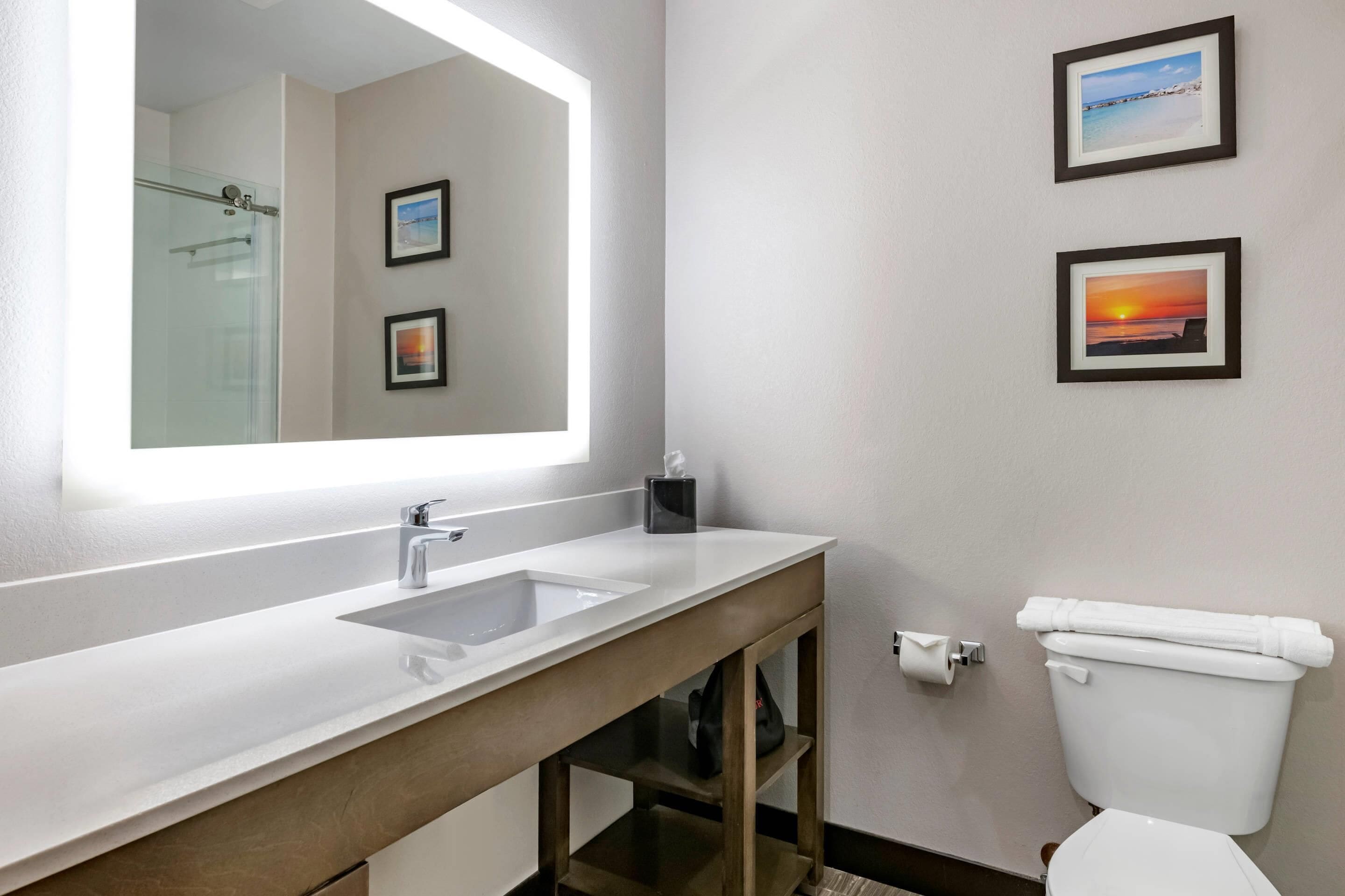Un baño con un lavamanos blanco, un espejo, un inodoro y dos cuadros en la pared.