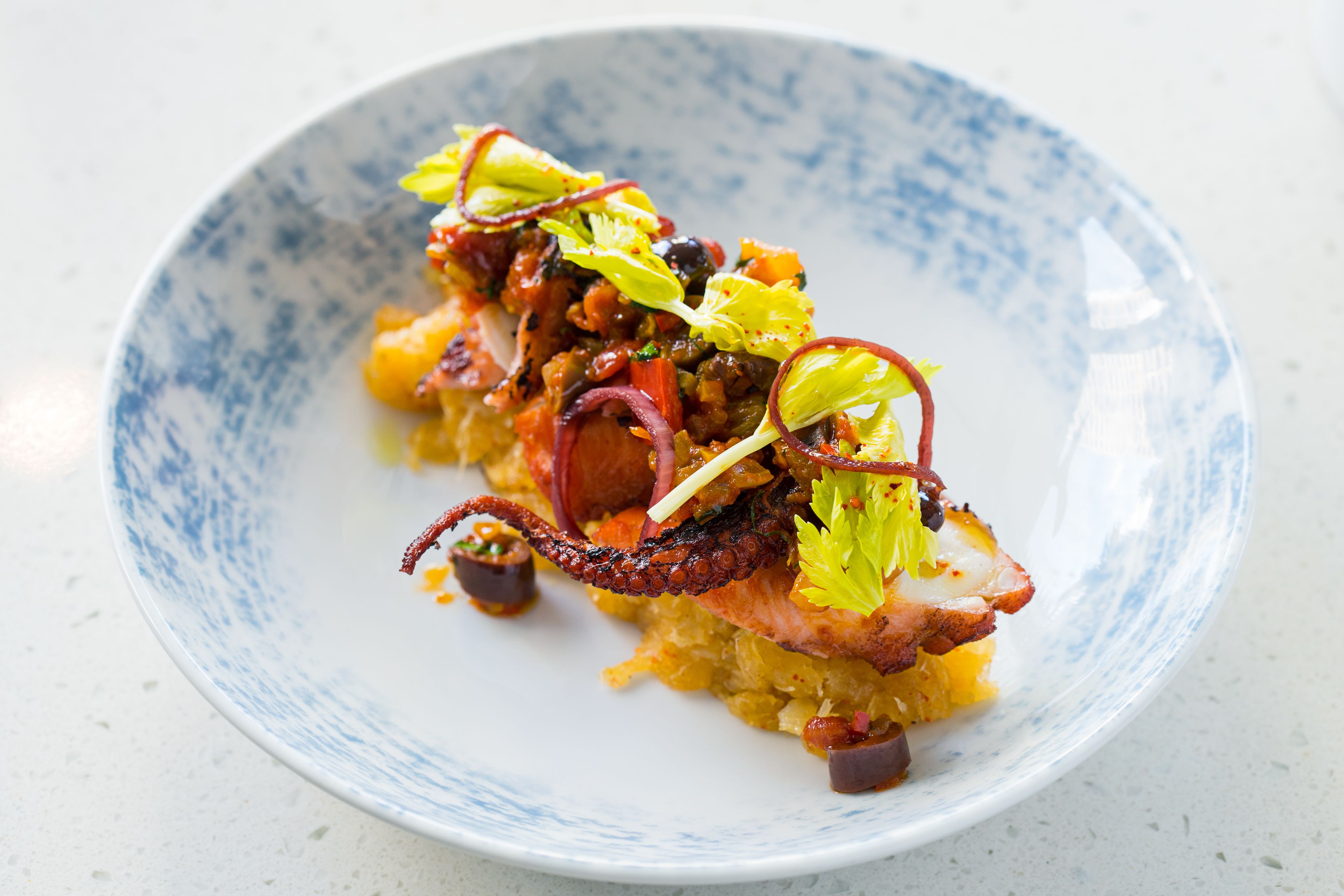 A plate of food with octopus, vegetables, and garnishes.
