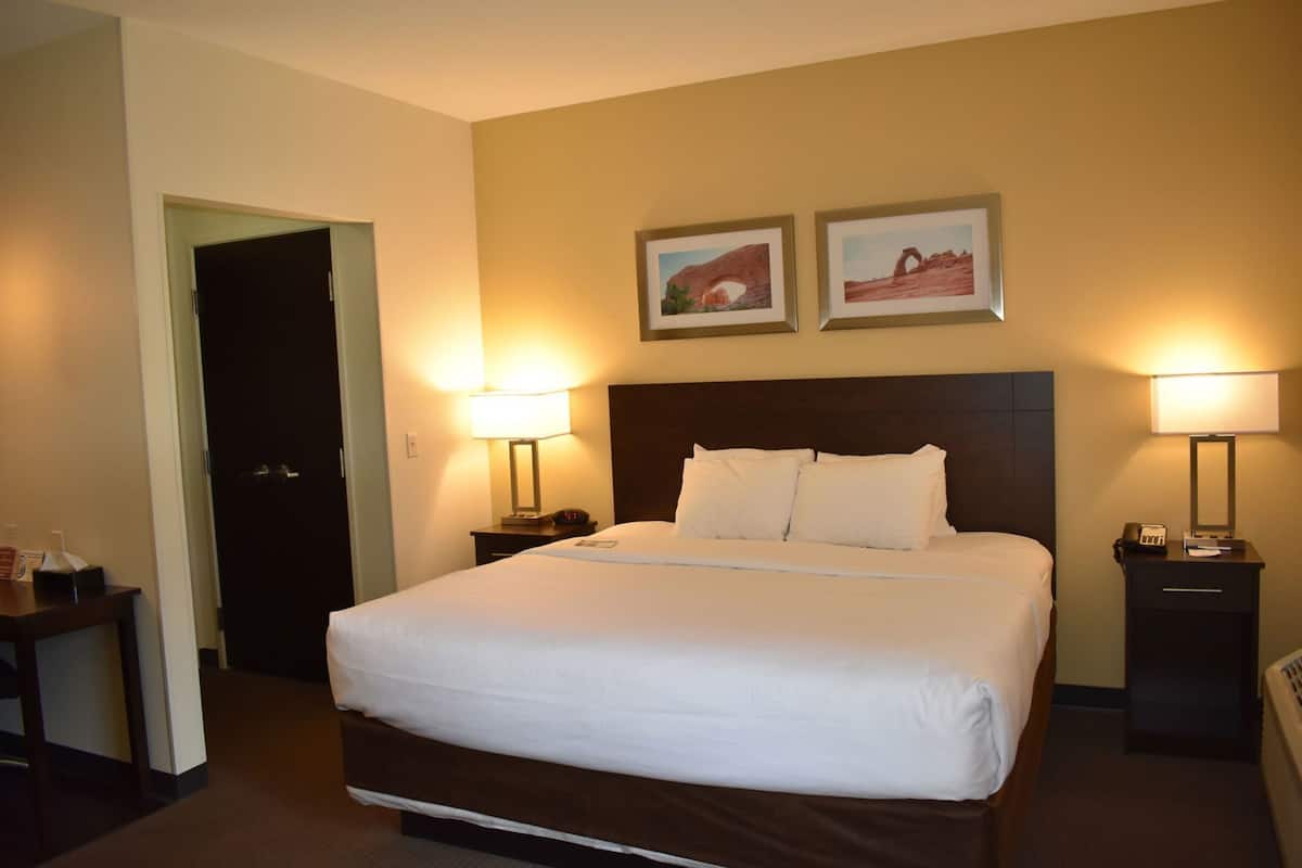 Una habitación de hotel con una cama grande, dos lámparas de noche, una mesita de noche y dos cuadros en la pared.