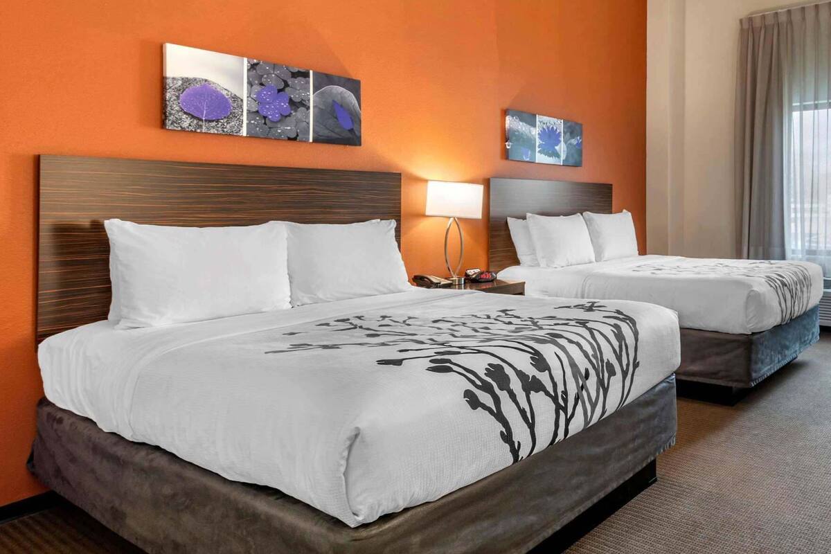 A hotel room with two beds, a headboard, a nightstand, a lamp, and artwork on the wall.