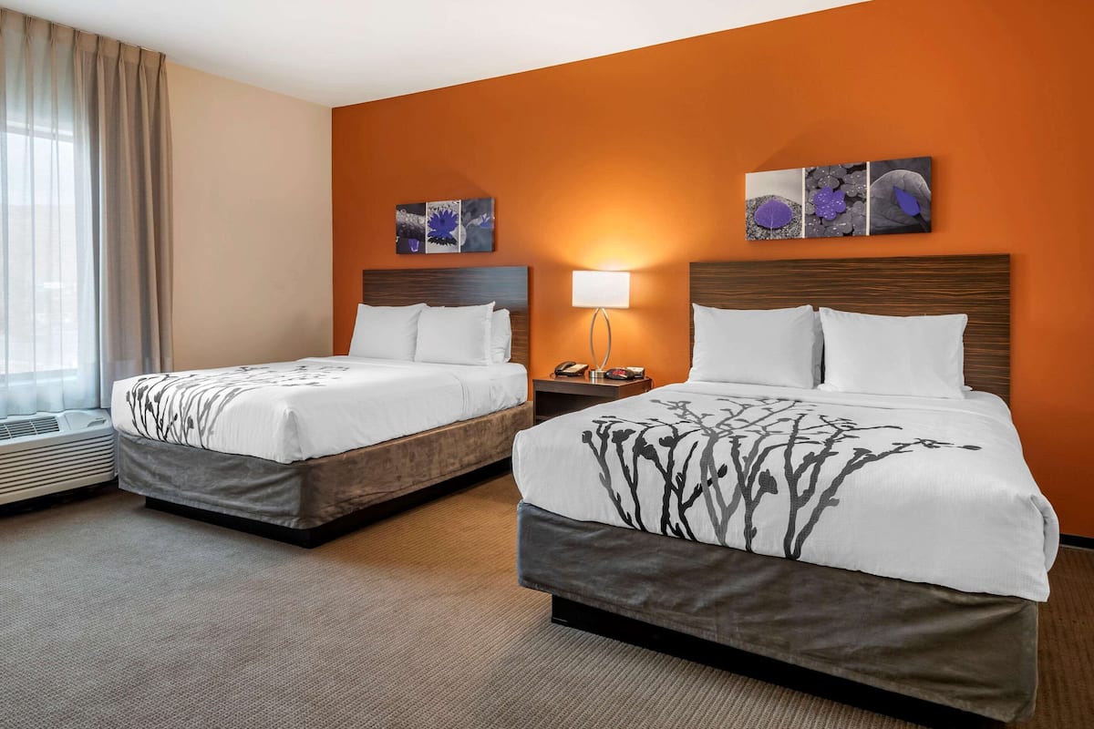 A hotel room with two beds, a large window with curtains, a wall-mounted artwork, and a nightstand with a lamp.