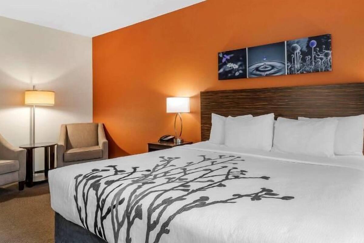 A hotel room with a large bed, two bedside tables, a chair, and a wall with artwork.