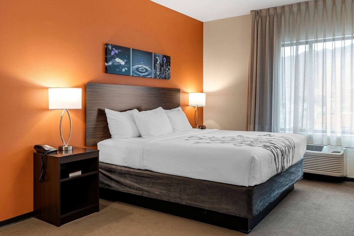 A hotel room with a bed, two bedside lamps, a nightstand with a phone, a painting above the bed, and a window with curtains.