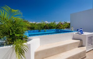 A modern outdoor pool area with steps leading to a pool, surrounded by lush greenery and a clear blue sky. - Lunata apartment 101-2 bedrooms sleeps 4 (Tulum)