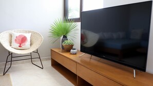 A modern living room with a large flat-screen TV on a wooden stand, a wicker chair with a heart-shaped pillow, a potted plant, and a small decorative vase. - Alquimia 2 bedroom apartment sleeps 4 (Tulum)