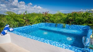 A pool with blue mosaic tiles, surrounded by lush greenery. - Tony Condo 2 bedroom sleeps 4 (Tulum)