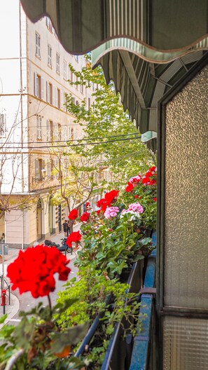 A corridor with a row of red and pink flowers, a metal railing, and buildings in the background. - Hotel Central Bastia (Bastia)