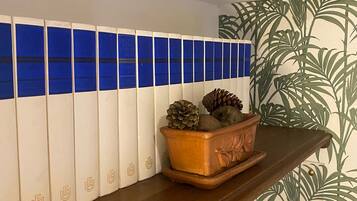 Una estantería con libros y una maceta de terracota con adornos.