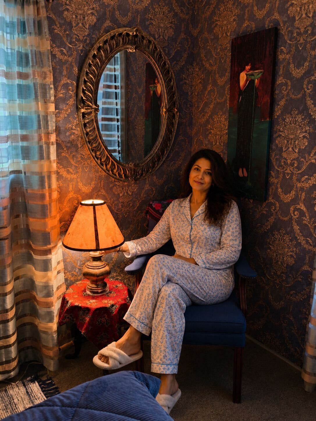 A room with a large ornate mirror, a small table with a lamp, and a painting on the wall.