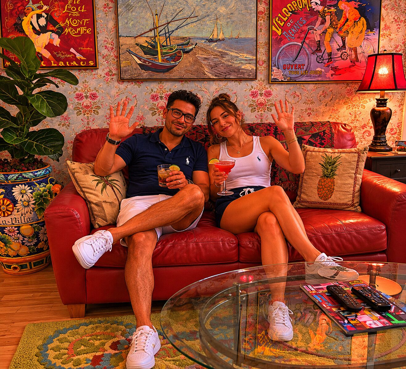 Una pareja sentada en un sofá de cuero rojo con una mesita de vidrio, rodeada de un papel tapiz floral y obras de arte.