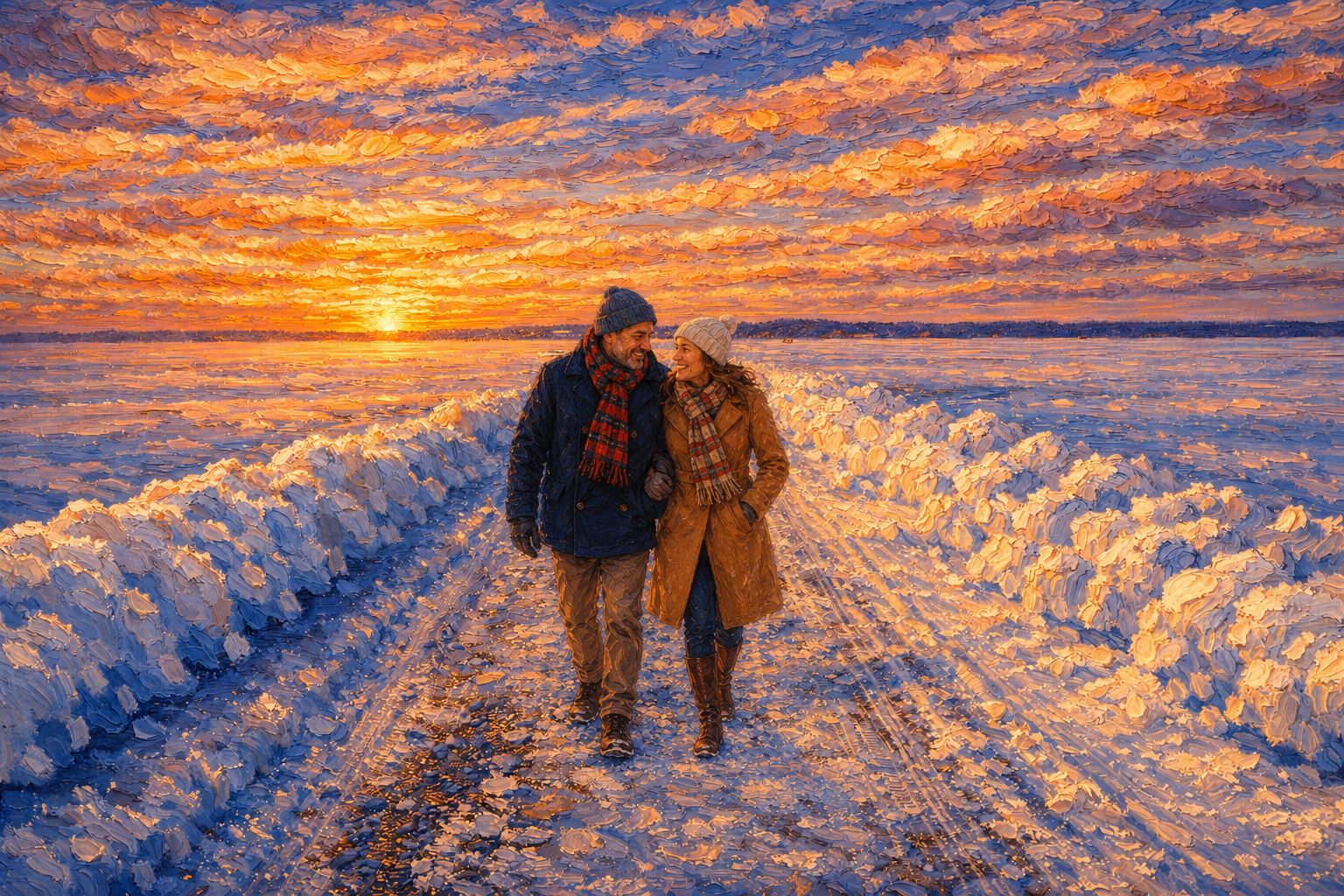 A couple walking on a snow-covered path with a sunset in the background.