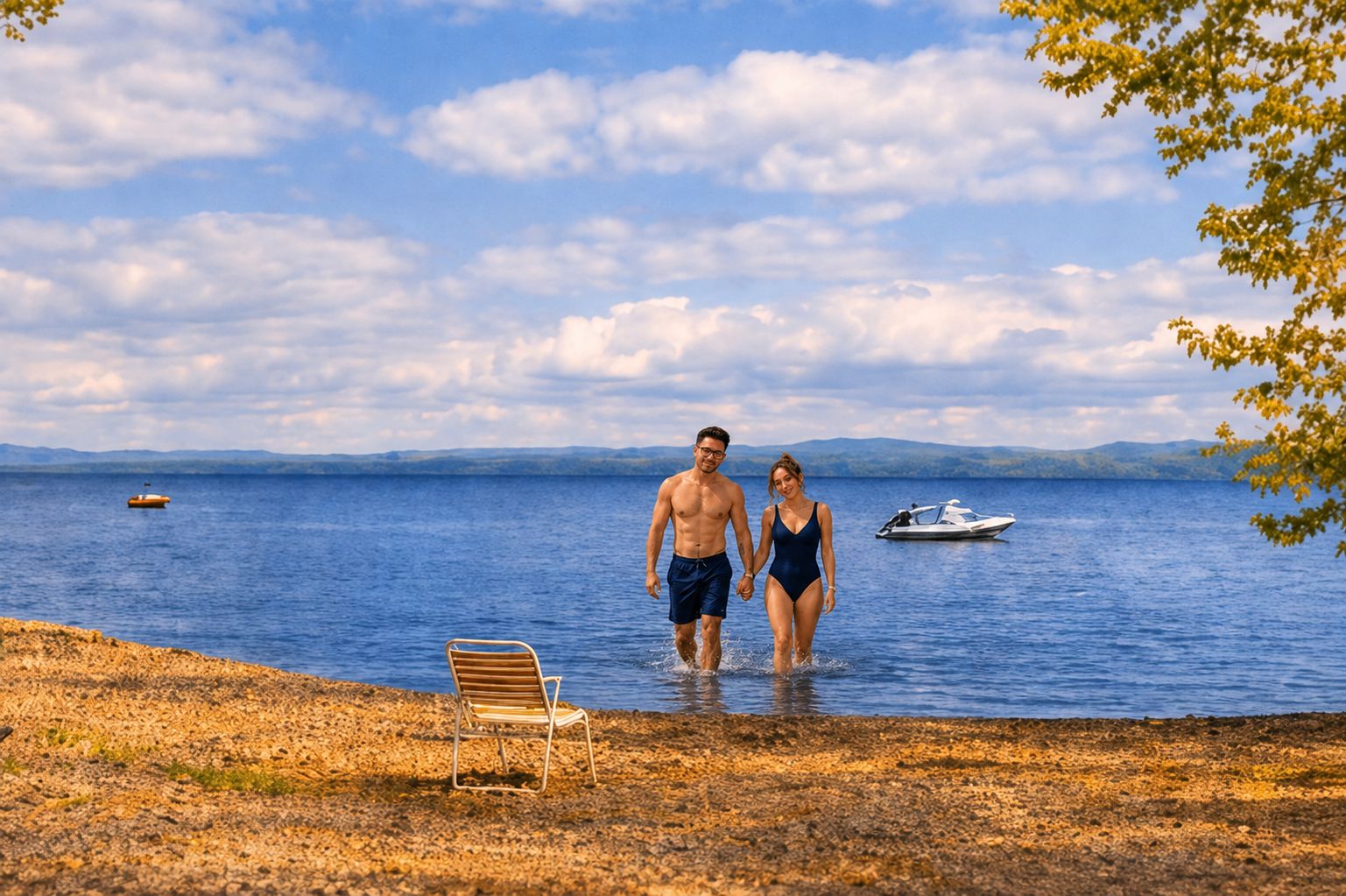 Una pareja caminando junto a un lago, con un bote y una silla en la orilla.