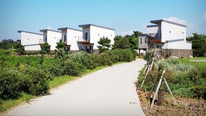 Un quartier résidentiel moderne avec des maisons blanches, une allée pavée et de la verdure environnante.