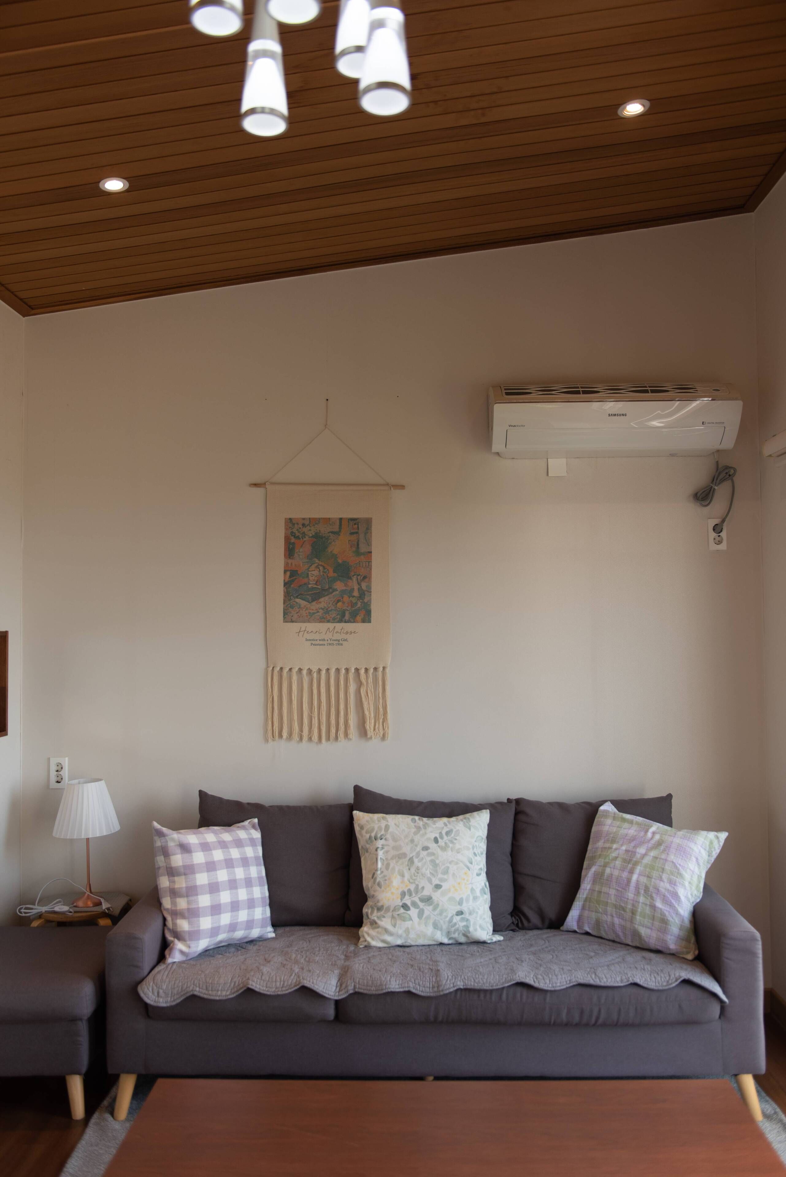 Una sala de estar con un sofá gris, un tapiz colgado y una lámpara de techo.