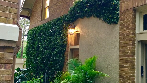 A brick house with a balcony, a garden with various plants, and a door with a keypad lock.