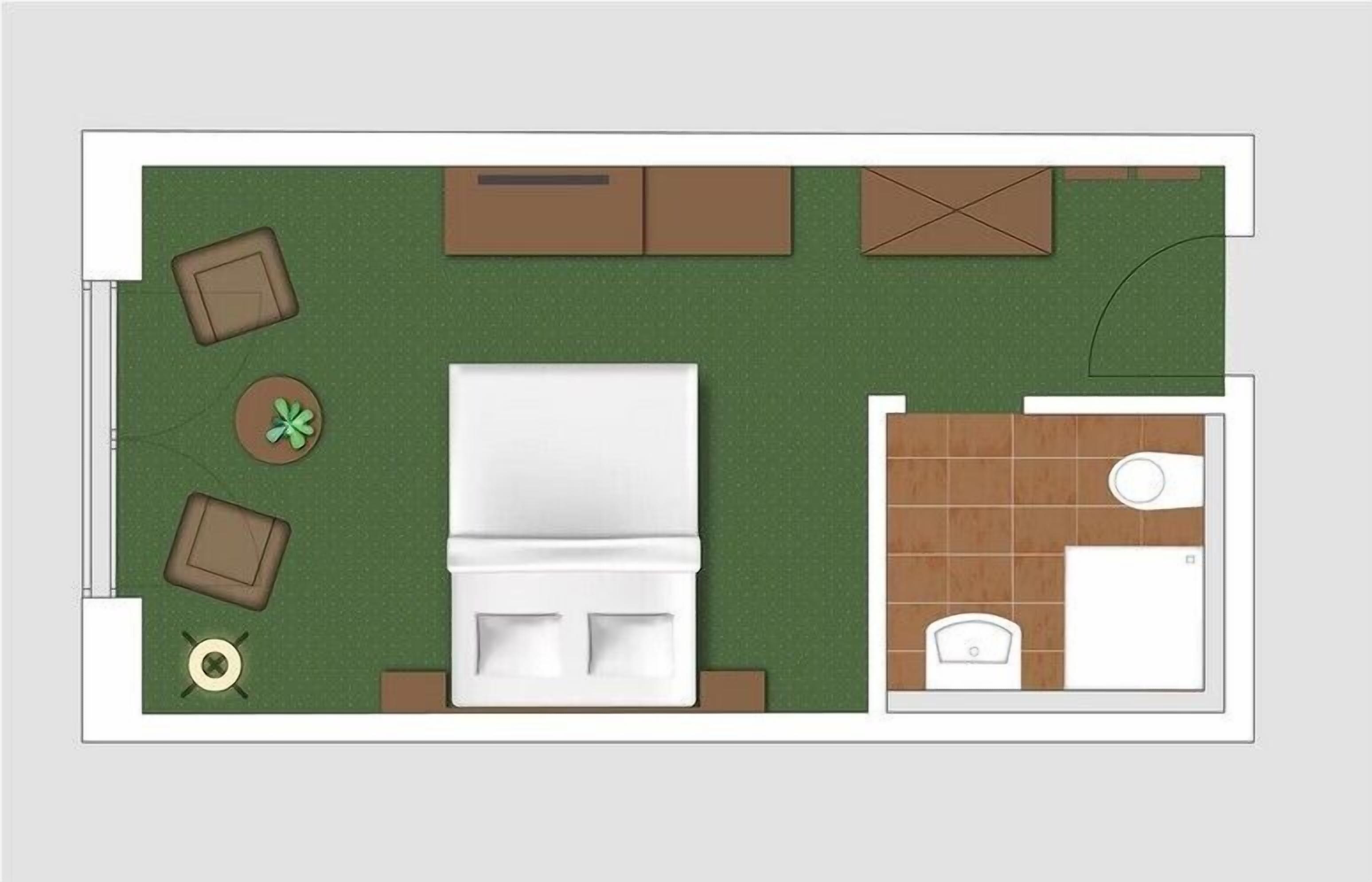 Indeling van een hotelkamer, met een bed, een kleine badkamer, een zithoek met een tafel en stoelen, en een kleine ronde tafel.