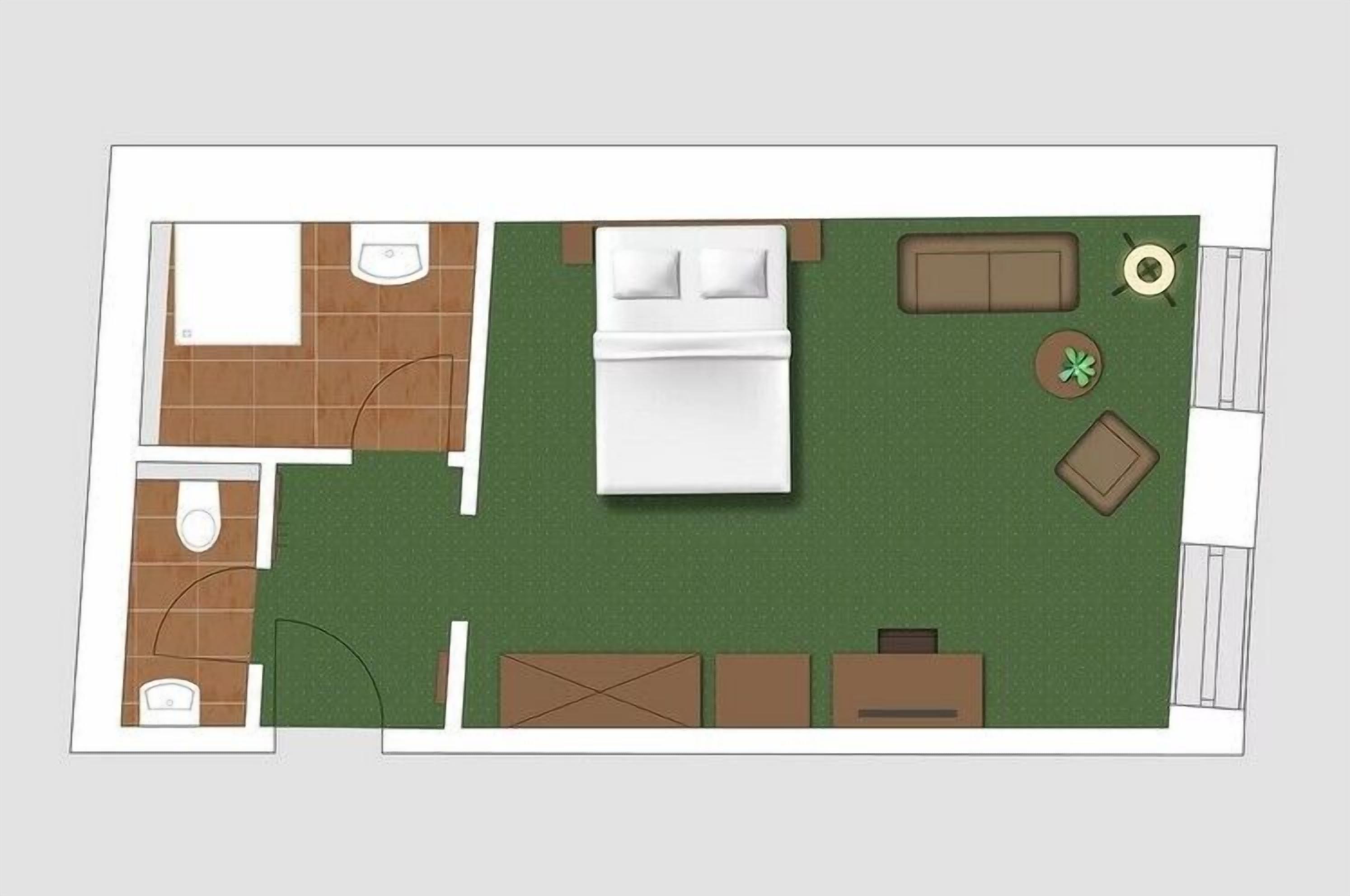 Distribución de una habitación de hotel con una cama, dos sofás, una mesa redonda y un balcón pequeño.