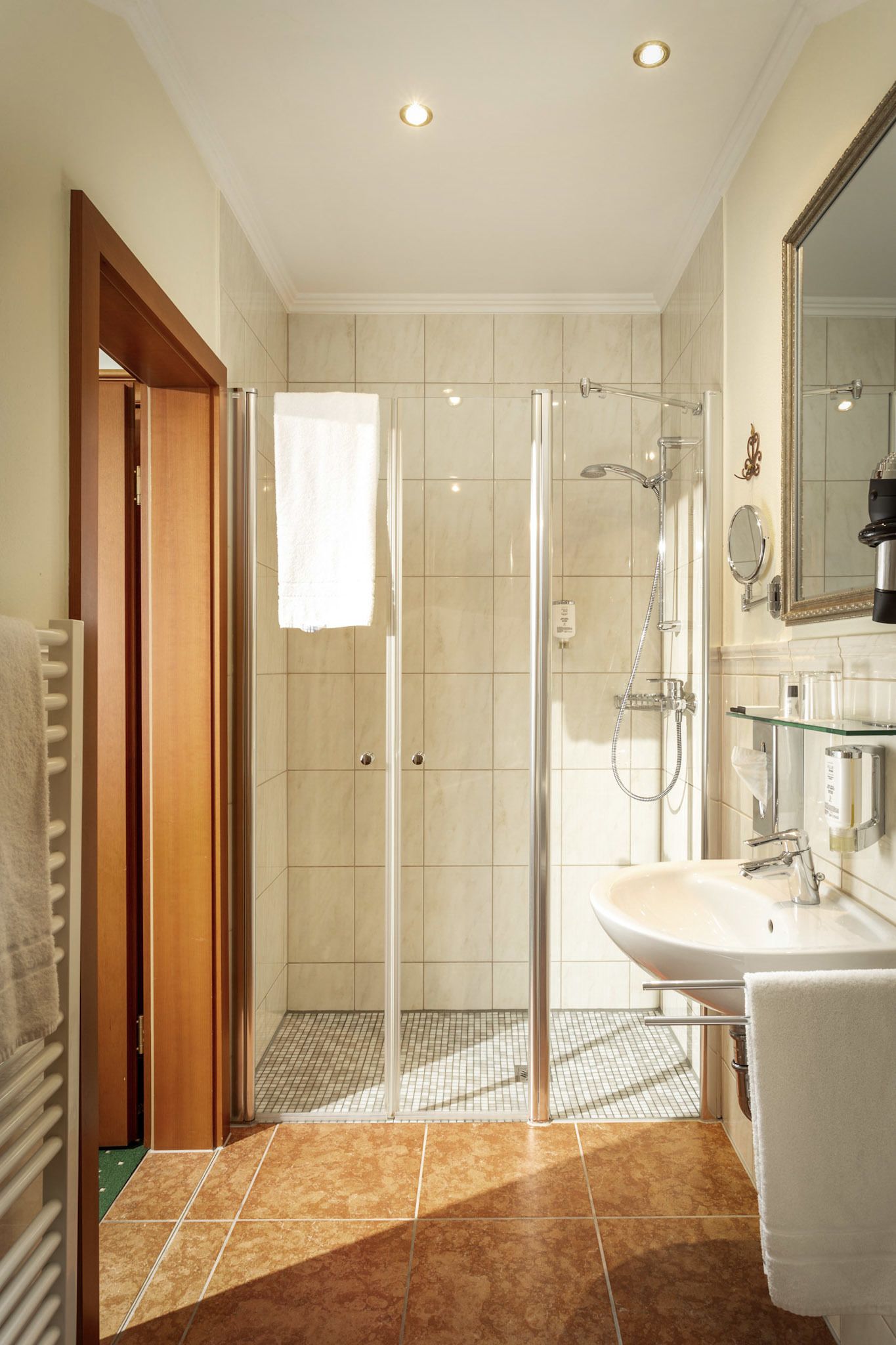 shower, rainfall showerhead, free toiletries, hair dryer